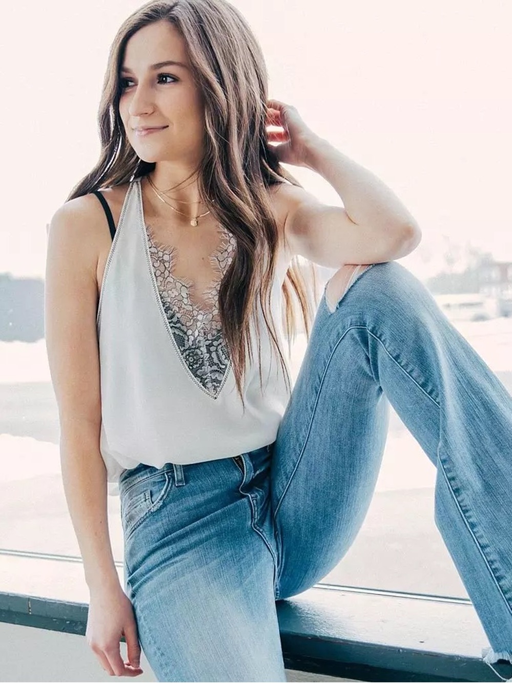 Mustard Seed Buckle Gray Lace-Trim V-Neck Tank Top